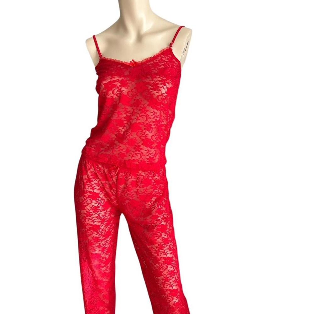 VTG Sheer Red Lace Lingerie Pants & Cami Tank 2 Piece Set Size S Rare